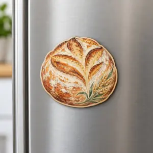 Sourdough Loaf Wooden Magnet with a round sourdough loaf with a scored pattern and a small wheat sprig in golden brown, cream and sage