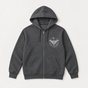 Night Garden Zip Hoodie with small left-chest print of a moth beneath a crescent moon with delicate herb sprigs in silver grey and pale lilac