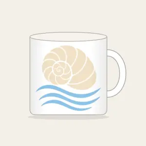 Cream Spiral Shell Over Blue Currents Mug in white: A cream spiral shell above three pale-blue flowing current lines.