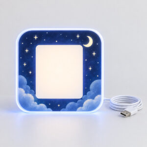 Night-Sky Photo Light Box with flat deep-blue night sky with tiny stars and crescent around a blank central rectangle