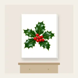Holly Sprig with Red Berries Canvas Print in white: A holly sprig with glossy leaves and bright red berries stands out on a deep green background.
