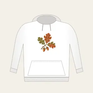 Oak Branch with Acorns Hoodie in white: An oak branch with three leaves and two acorns in rust, olive and cream.