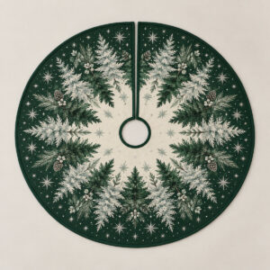 Pine Frost Christmas Tree Skirt with radial ring of pines and frost stars in forest green, cream and silver