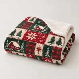 Cabin Patchwork Fleece Blanket with patchwork squares with simple cabin, tree and star motifs in red, cream and green