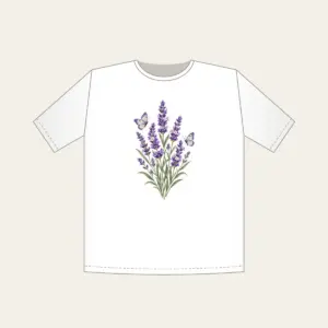Lavender Stems and Two Butterflies T-Shirt in white: Tall lavender stems rise beside two small butterflies in violet, cream and sage.