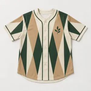 Orchard Pennant Baseball Jersey with all-over print of pennant-shaped panels in cream, forest green and tan with a small flat printed leaf crest on the chest