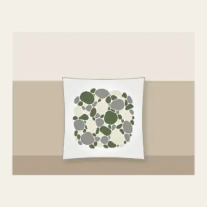 River Stones in Moss and Grey Pillow in white: Smooth river stones in moss green, grey and cream are traced with fine white outlines.