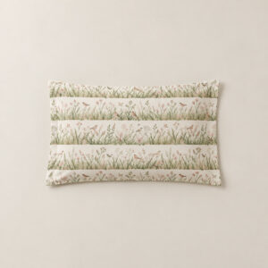 Quiet Meadow Pillow Case with all-over meadow stripes of grasses and tiny birds in sage, cream and blush