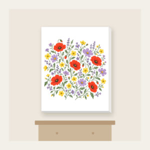 Wildflower Scatter on Sage Canvas Print in white: Wildflowers in lavender, poppy red and butter yellow scatter over a sage ground.