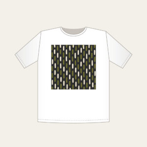 Staggered Olive Dashes on Charcoal T-Shirt in white: Short olive and cream dashes in a staggered rhythm on charcoal.