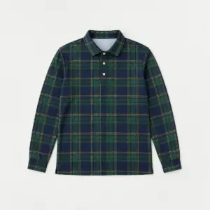 Fairway Plaid Long Sleeve Polo with all-over plaid of green and navy with fine gold lines