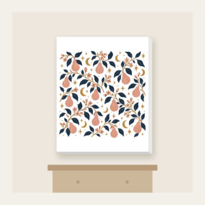 Pear Branches and Crescent Moons Canvas Print in white: Pear branches, tiny crescent moons and stars repeat in dusty rose, gold and deep navy.
