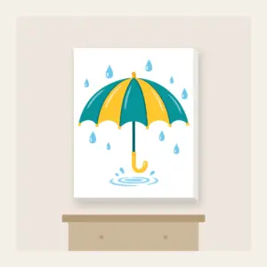 Teal Umbrella and Raindrop Ripple Canvas Print in white: An open teal and yellow umbrella with small raindrops and a tiny puddle ripple.