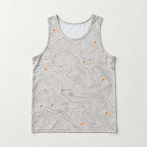 Trail Marker Tank Top with all-over topographic lines in grey with small orange trail marker flags