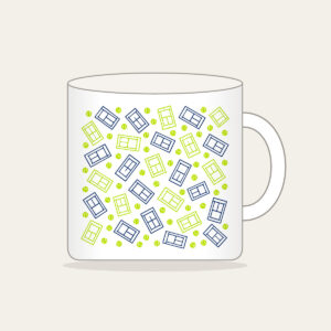Tennis Court Lines Mug in white: Court lines and tiny tennis balls in lime, white and navy.