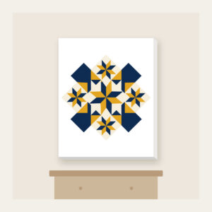Mustard and Navy Patchwork of Stars Canvas Print in white: A patchwork of stars and diamonds in navy, mustard and cream.