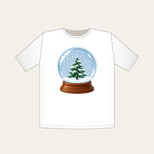 Tiny Pine Snow Globe T-Shirt in white: A small pine tree stands inside a round snow globe as white flakes swirl around it.