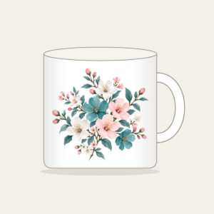 Teal Blossom Scatter Mug in white: Small blossoms in teal, white and pale pink scattered across a pale grey ground.