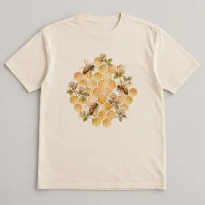 Honeycomb Bloom Tee with centred print of a hexagonal honeycomb grid with three small bees and tiny clover blossoms in gold and brown