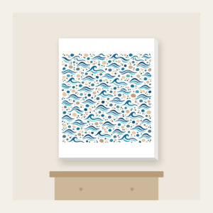 Tiny Waves and Pebbles Repeat Canvas Print in white: A small-scale repeat of waves and pebbles in navy, teal and sand.