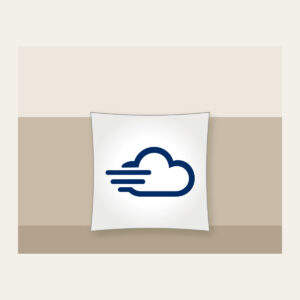 Speed Cloud Pillow in white: A stylised cloud with three speed lines in navy and white.