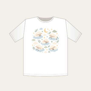 Sleepy Sheep and Clouds T-Shirt in white: Small clouds and sleeping sheep in cream, pale blue and sage on a light field.