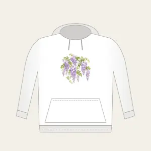 Cascading Wisteria Blossoms Hoodie in white: Lilac wisteria blossoms cascade across a pale ground, threaded with fresh green leaves.