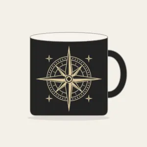 Compass Rose with Four Stars Mug in black: A compass rose drawn in fine cream lines, with four tiny stars around it.