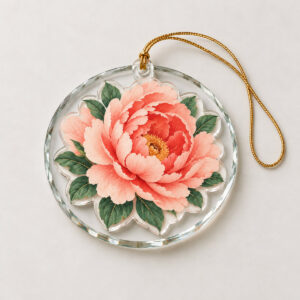 Peony Glass Acrylic Ornament with a full-blown peony in blush and coral with deep green leaves