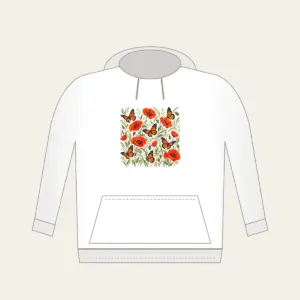 Butterflies Among Poppies Hoodie in white: Orange-and-black butterflies drift between poppies and tall grasses on a cream ground.