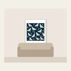 Luna Moths and Crescent Moons on Navy Fleece Blanket in white: Pale luna moths and crescent moons glow on deep navy among tiny star dots.