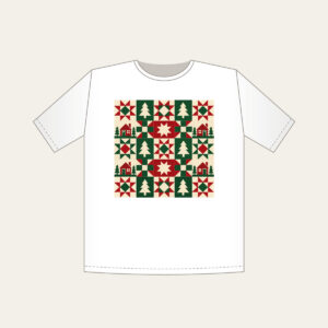 Cabin, Tree and Star Patchwork T-Shirt in white: Patchwork squares hold simple cabin, tree and star motifs in red, cream and green.