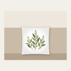 Three Pressed Sage Sprigs Pillow in white: Three sage sprigs in cream and pale green with tiny dotted stems, like a page from a pressed-botanical album.