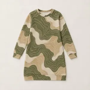 Moss Contour Sweatshirt Dress with all-over contour lines in moss, sand and cream