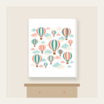 Striped Hot Air Balloons in the Clouds Canvas Print in white: Striped hot air balloons drift through clouds in coral, teal and cream.