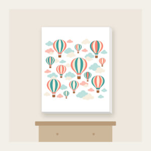 Striped Hot Air Balloons in the Clouds Canvas Print in white: Striped hot air balloons drift through clouds in coral, teal and cream.