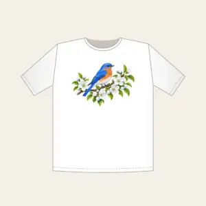 Bluebird on Blossoming Branch T-Shirt in white: A bluebird perches on a blossoming branch in blue, white and green.
