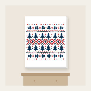 Fair-Isle Pines and Stars Canvas Print in white: Fair-isle bands of pines, stars and diamonds in cream, brick red and navy.