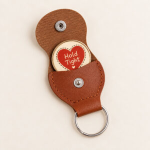 Open brown snap pouch with a metal split ring holding a round token printed with a red heart and the words Hold Tight