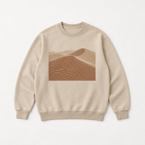Dune Contour Crew Sweatshirt with large chest print of topographic contour lines forming a rolling dune in warm brown and cream line art