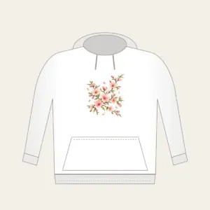Peach Blossom Branches on Cream Hoodie in white: Peach blossoms and slender branches in peach, rose and pale green rest on a glossy cream ground.