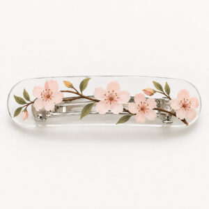 Tiny Blossom Acrylic Hair Clip with cherry-blossom twig with five blush petals and a tiny cream bud, drawn in fine lines inside a rounded clip outline