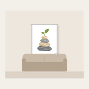 Cairn Stones with a Sprout Fleece Blanket in white: Stacked cairn stones in grey and sand, topped with a tiny green sprout.