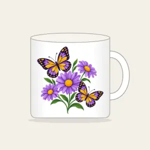 Two Butterflies and Three Daisies Mug in white: Two butterflies hover near three daisies in purple and yellow.