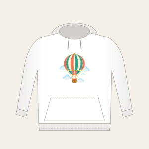Striped Hot Air Balloon Hoodie in white: A hot air balloon with coral, teal and gold stripes drifts above small clouds, a tiny basket below.