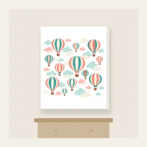 Striped Hot Air Balloons in the Clouds Canvas Print in white: Striped hot air balloons drift through clouds in coral, teal and cream.