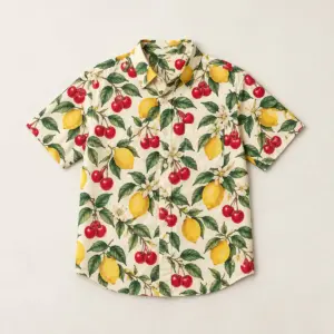 Midsummer Fruit All-Over Pocket Shirt with all-over cherries, lemons and leaves in red, yellow and green on cream