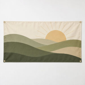 Sunrise Hills Wall Banner with layered rolling hills in sage, olive and sand beneath a rising sun with soft rays