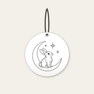 Line-Art Rabbit on a Crescent Moon Ceramic Ornament in white: A white line-art rabbit sitting on a crescent moon with three stars.