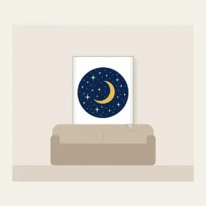 Midnight Stars and Golden Crescent Moon Fleece Blanket in white: A midnight-blue field with small cream stars and a gold crescent moon.